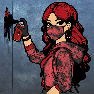 realistic girl with mask spray painting a wall