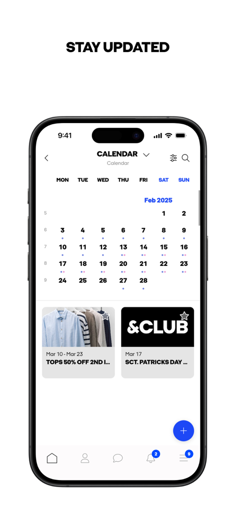 JJ2GO - JJ2GOアプリのカレンダーインターフェース。従業員向けの小売プロモーションの日付とストアイベントを表示しています。