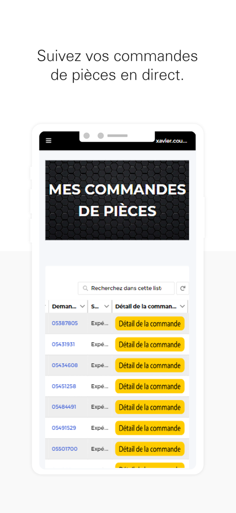 Espace client My Bergerat - Interface of the My Bergerat app displaying a list of heavy equipment parts orders and tracking information