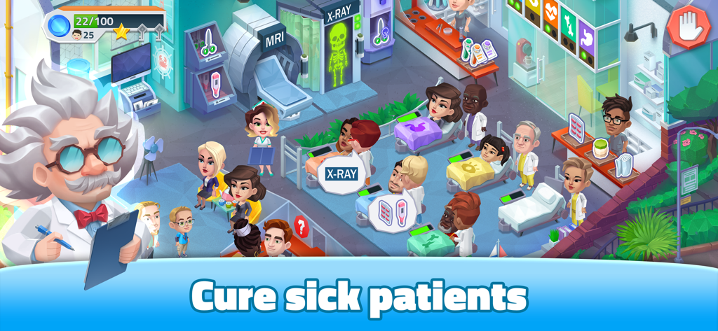 A busy cartoon hospital scene in Happy Clinic where players manage staff and treat patients using medical equipment