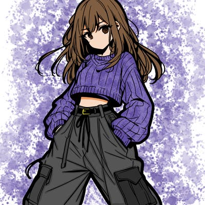 anime teen girl with baggy pants and crop top with sweater