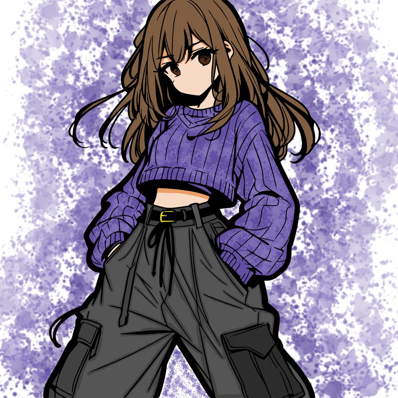 anime teen girl with baggy pants and crop top with sweater