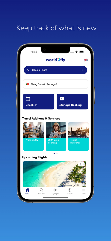 Pantalla de inicio de la aplicación móvil World2Fly que muestra opciones para reservar un vuelo, facturar y gestionar reservas.
