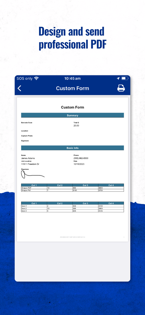 Simpro Digital Forms - A custom professional PDF report within the Simpro Digital Forms app featuring basic job info and a digital signature