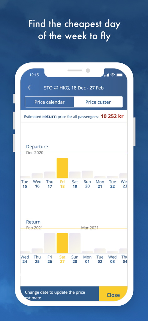 A mobile flight search app interface showing a price calendar with bar charts to compare travel dates and find cheap flights