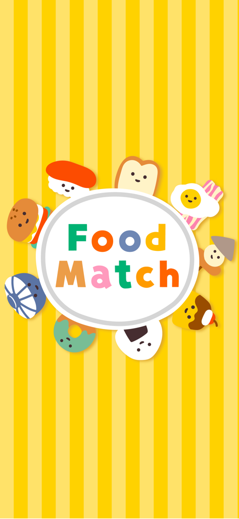 Food Match - Matching pictures - Food Match app title screen featuring cute food characters and colorful logo