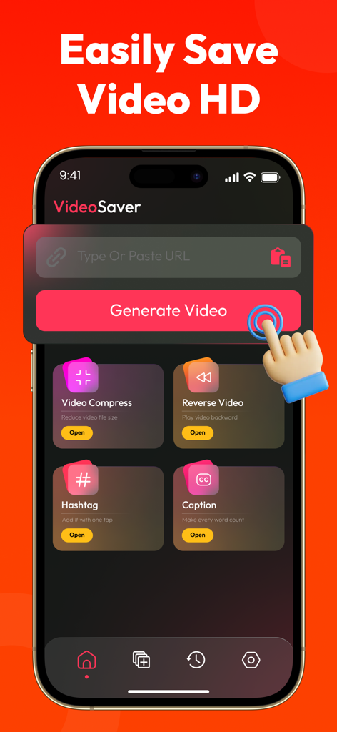 All Video Downloader ~ Player - Interface de l'application Téléchargeur de Vidéos montrant les outils pour sauvegarder des vidéos HD, compresser des fichiers, inverser la vidéo et trouver des hashtags tendance.