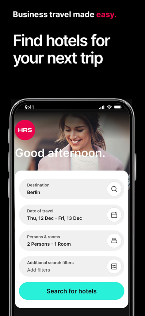 HRS: Find and book hotels - Schermata principale dell'app mobile HRS con filtri di ricerca hotel per viaggi di lavoro