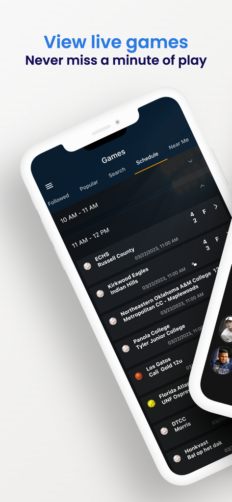 Smartphone screen displaying the iScore Central app games schedule for live youth sports tracking