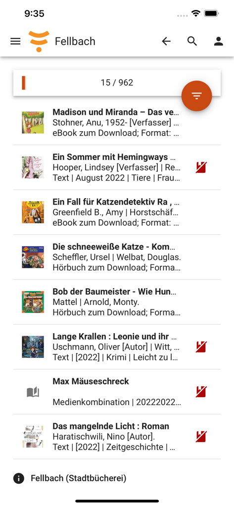 mobilOPAC YourBibのデジタル図書館カタログインターフェース、ダウンロードまたは貸出可能なドイツの本やメディアのリストを表示