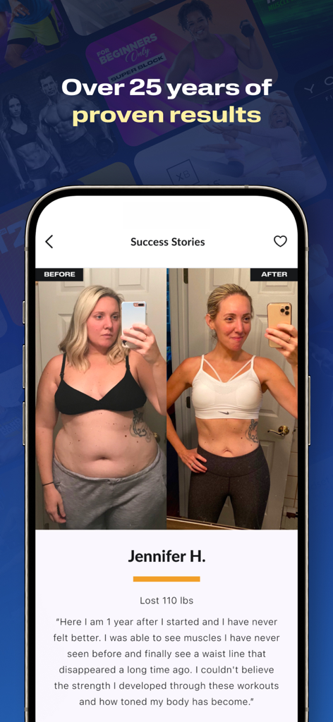 Photos avant et après de la transformation d'une femme perdant du poids sur l'application de fitness BODi.