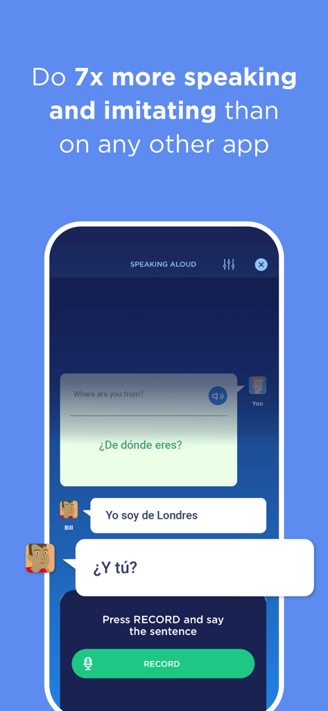 Una lección de práctica de conversación en la aplicación Mooveez con reconocimiento de voz y diálogo de personajes.