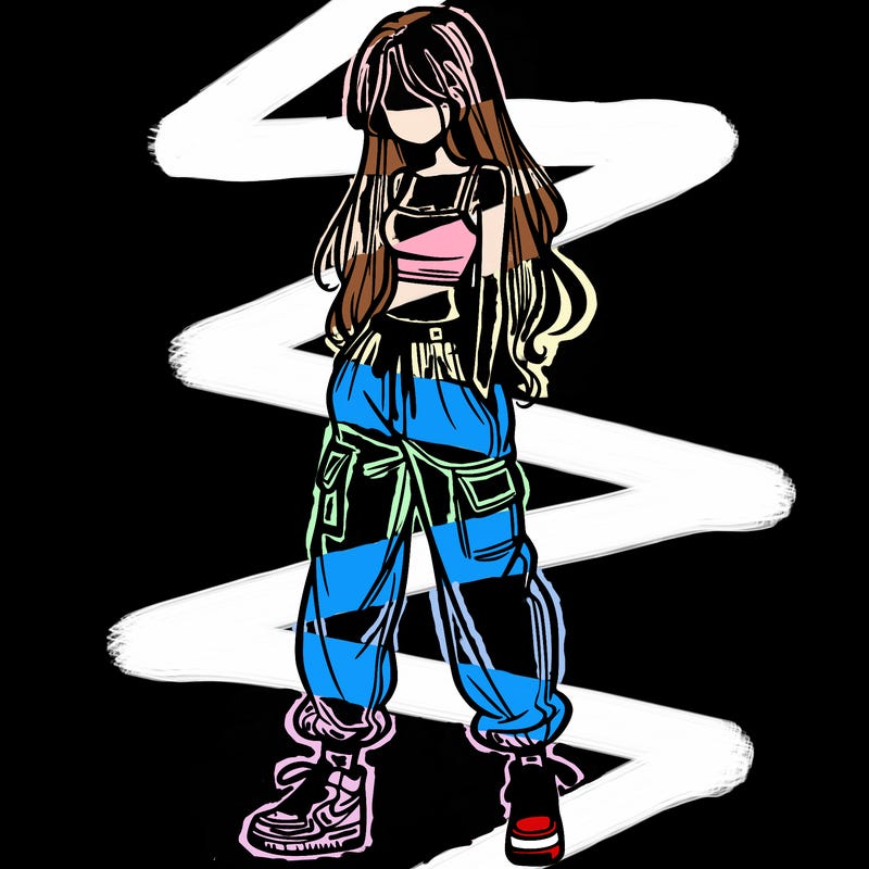 girl in baggy pants crop top and long hair