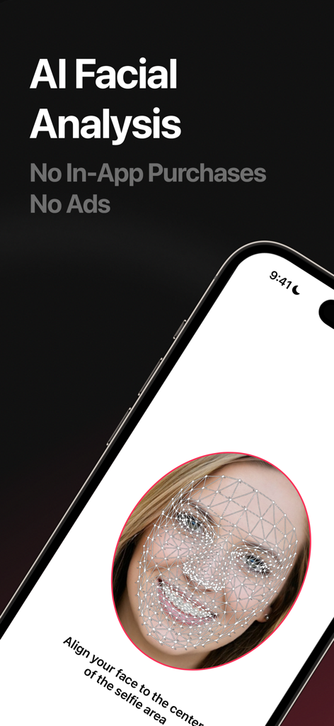 AI Aesthetics: Face Cosmetics - Smartphone screen displaying an AI facial analysis scan with a digital mesh overlay on a woman's face