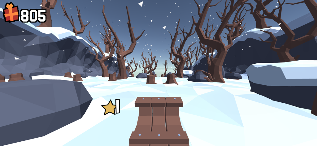 Vista en primera persona de un trineo de madera navegando por un camino nevado en un bosque en el juego Snow Rider 3D