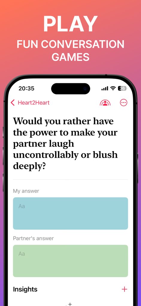 Interface of Heart2Heart app displaying a fun conversation game for couples