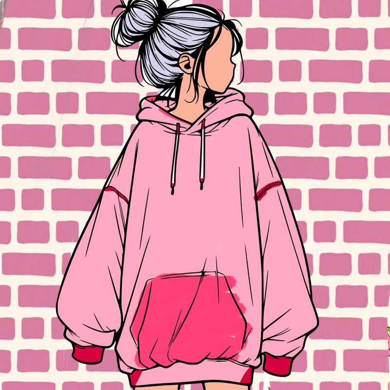 realistic girl with a oversized sweatshirt on and a bun