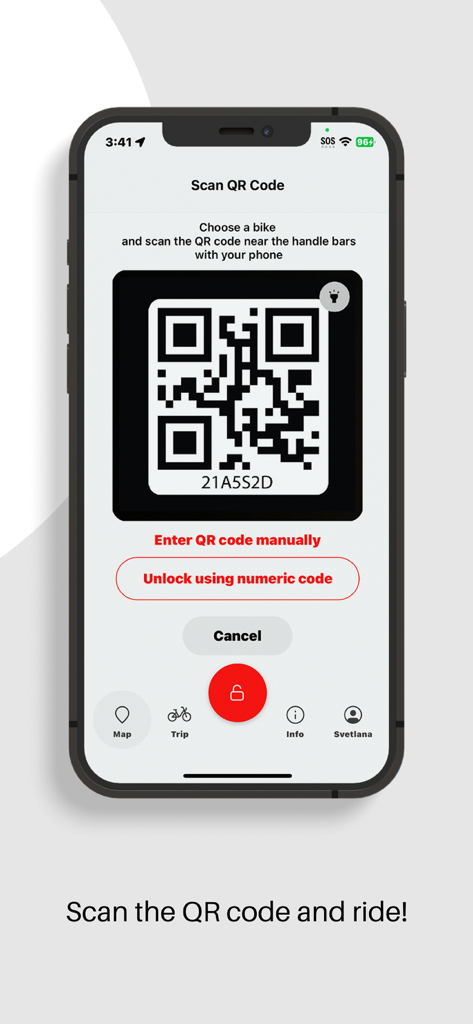 PBSCアプリのインターフェースに、自転車のロックを解除するためのQRコードをスキャンする画面が表示されています。
