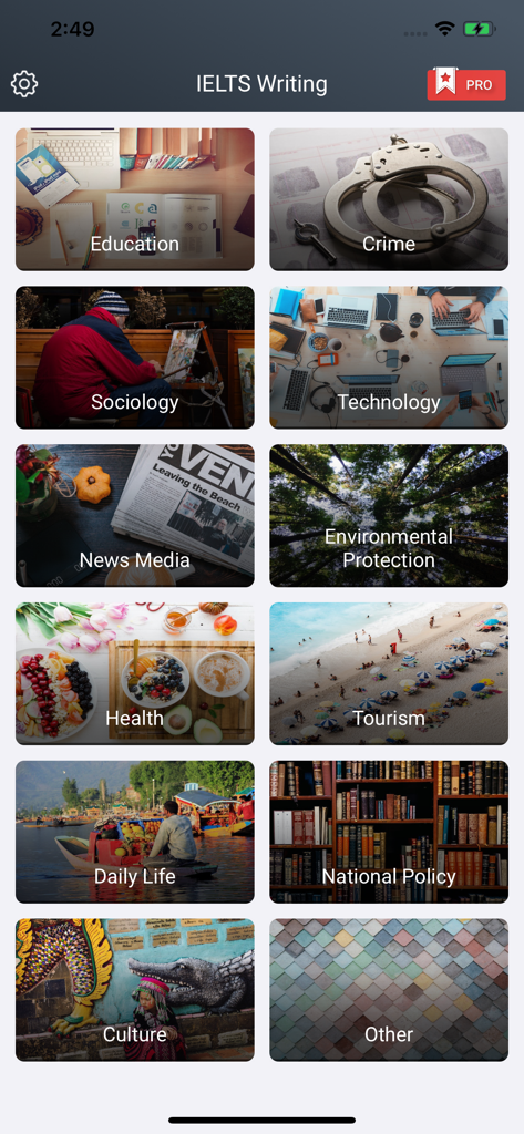 IELTS Writing Exam Test Prep - Mobile App-Bildschirm, der ein Raster von IELTS-Schreibübungs-Kategorien zeigt, darunter Bildung, Technologie und Umwelt