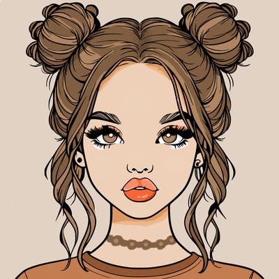 realistic girl with two buns in hair and lips