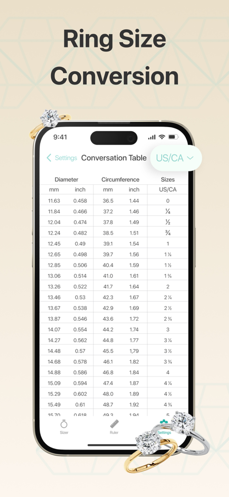A ring size conversion table on a smartphone screen showing measurements in diameter and circumference for different US and CA ring sizes.