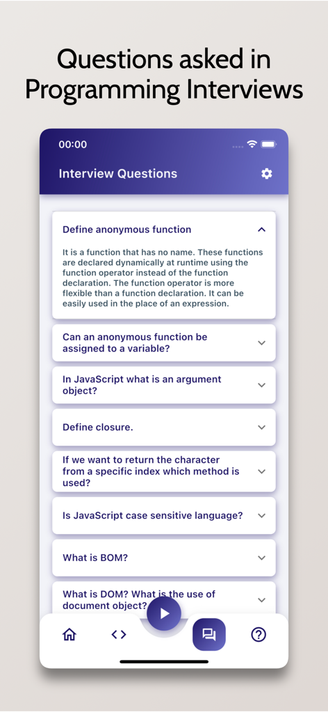 Learn JavaScript - OnePercent - JavaScript interview questions and answers for job preparation in the OnePercent app