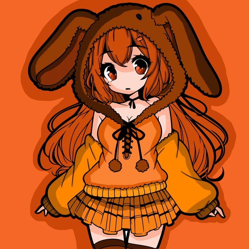 pretty anime girl wearing a fluffy hoodie with bunny ears on the hood and a skirt