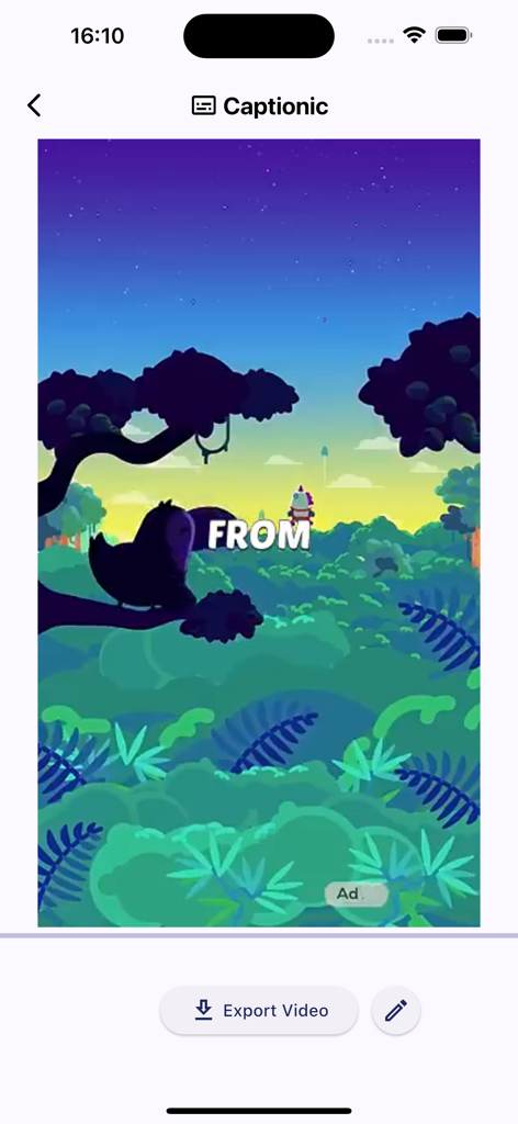 Captionic - AI Video Captions - Interface of Captionic app showing a video preview with a bold caption and an export button.