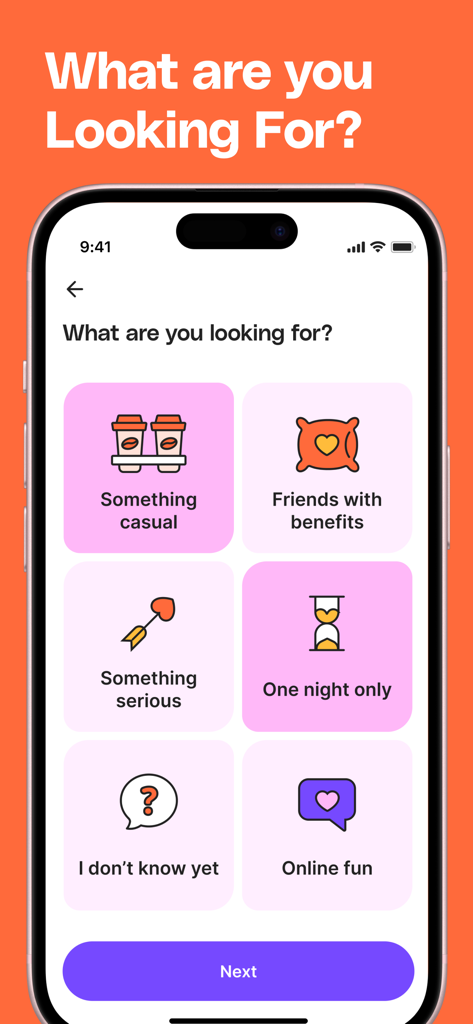 HUD™ Bedroom Dating App - Pantalla de la aplicación de citas HUD que muestra opciones para intenciones de relación como casual y amigos con derechos.