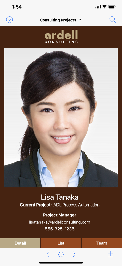 Claris FileMaker Go 2024 - A professional profile view within a custom business application on Claris FileMaker Go 2024