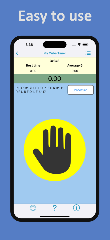 My Cube Timer - My Cube Timer app interface showing a 3x3x3 cube scramble and start button