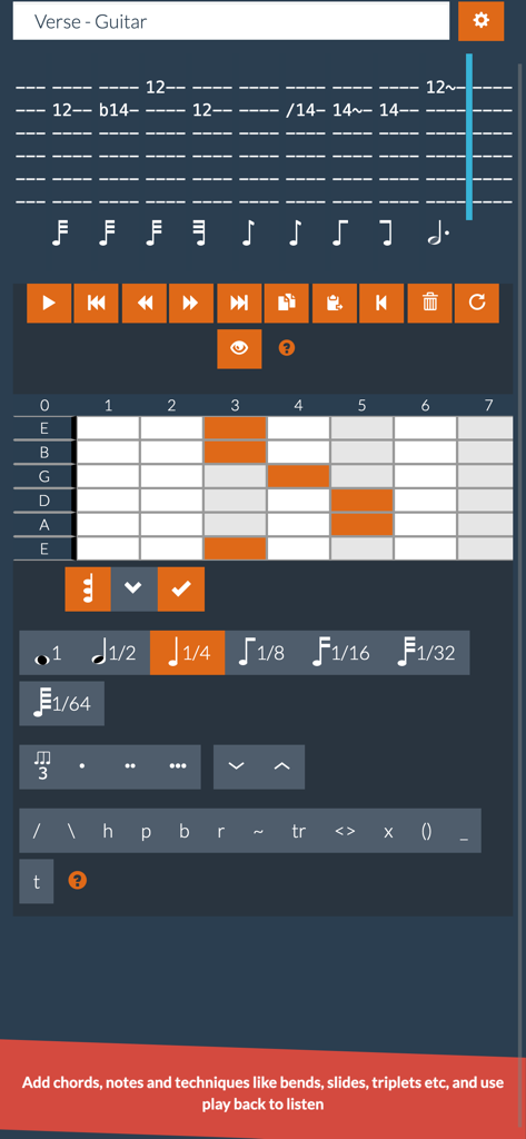Guitar Notepad - Tab Editor - Guitar Notepad mobile app interface for editing guitar tabs with a virtual fretboard.
