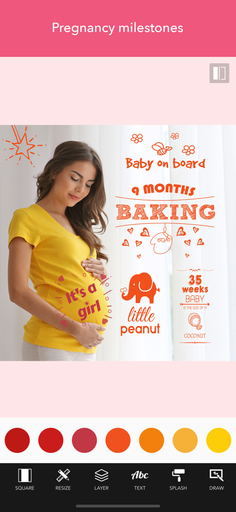 Pregnancy & Baby Milestone Art - Pregnant woman photo with milestone stickers and text overlays in the app editor