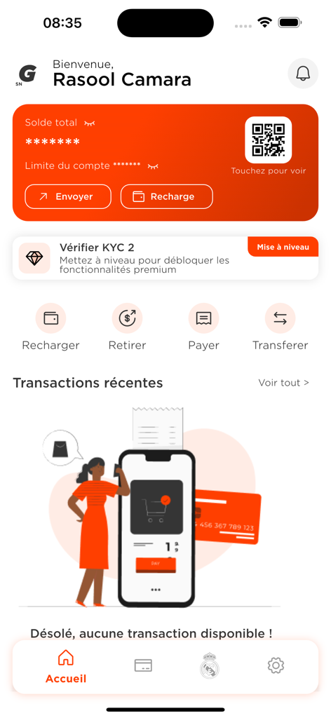User dashboard of the Galactique CI fintech app showing account balance overview and financial service icons