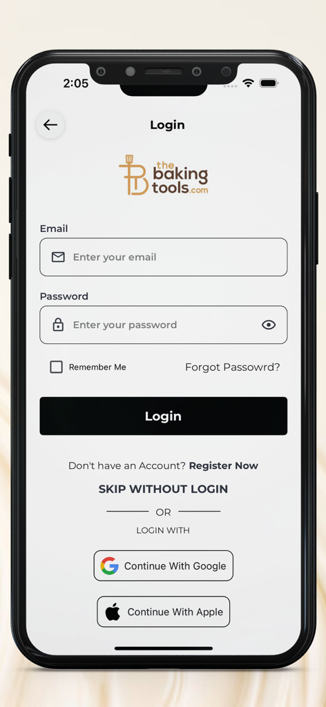 The Baking Tools - Login interface of The Baking Tools app featuring email and password fields plus social sign in options for Google and Apple.