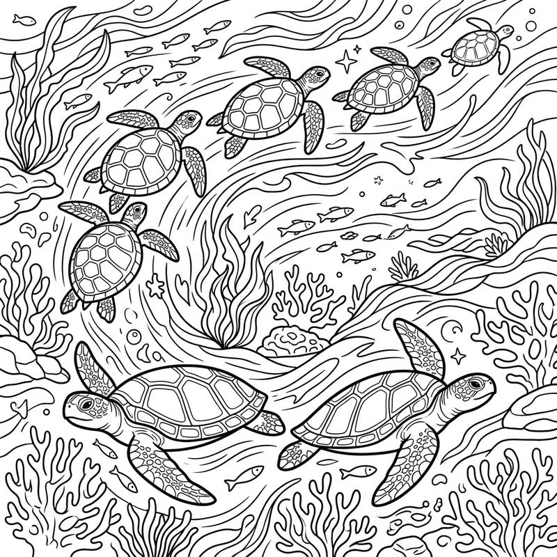 Join a family of friendly sea turtles on their incredible ocean migration with this captivating coloring page. Perfect for kids aged 4-8, it offers a fun and educational journey through vibrant underwater scenes.