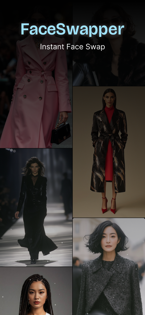 FaceSwapper app showing high quality AI face swap results on fashion models