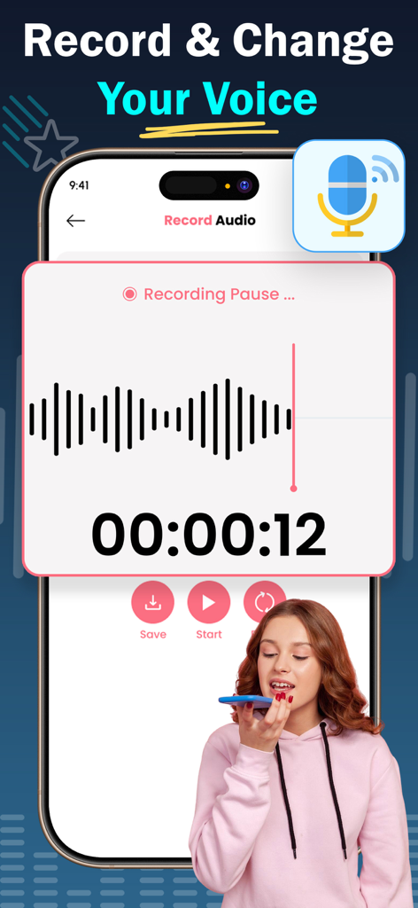 Voice Changer * Sound Effects - Eine mobile App-Oberfläche, die einen Sprachaufnahmebildschirm mit Schallwellen und einer jungen Frau zeigt, die eine Sprachnachricht aufnimmt