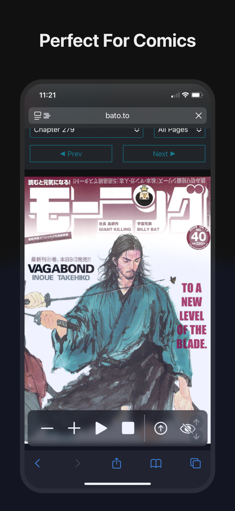 Auto Scroll and Read - iPhone displaying a manga page with Auto Scroll and Read controls for hands-free reading