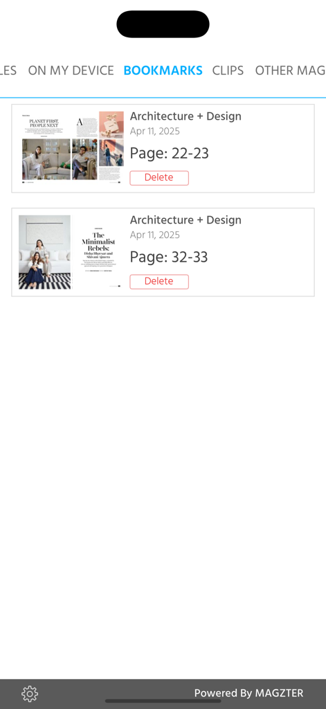 Architecture + Design Mag - Section « Favoris » de l’application du magazine Architecture + Design affichant les pages et articles enregistrés