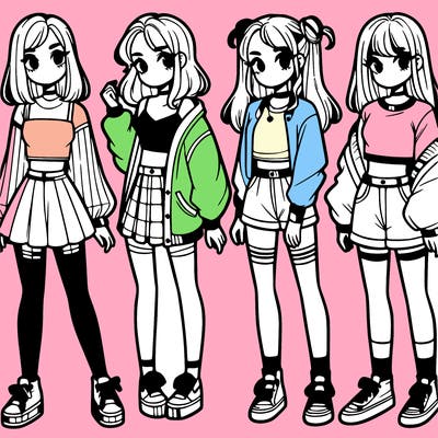 one girl with crop-top shirt and a jacket with a skirt, long socks and another girl with a shirt and pants with a jacket