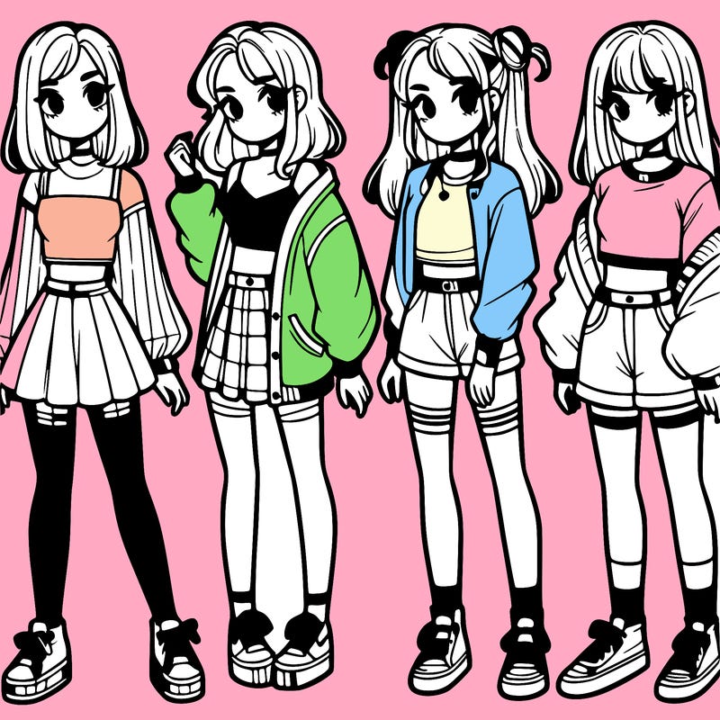 one girl with crop-top shirt and a jacket with a skirt, long socks and another girl with a shirt and pants with a jacket