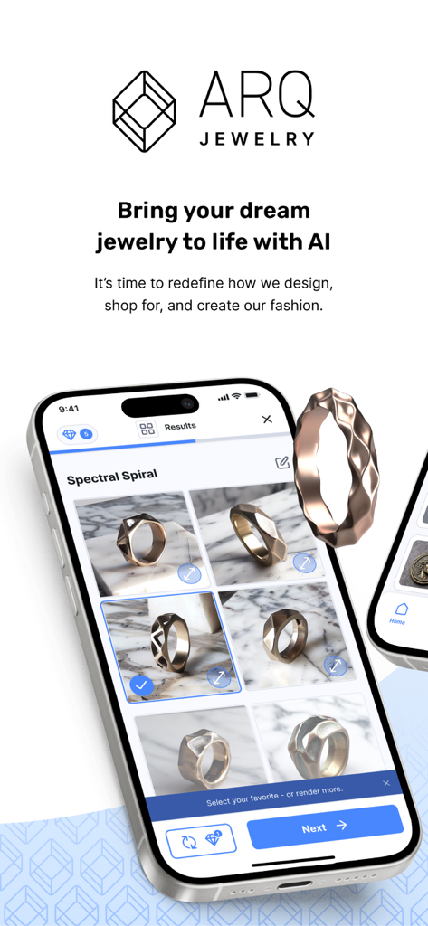 ARQ Jewelry Design - Un teléfono móvil mostrando diseños de anillos personalizados generados por IA en la aplicación ARQ Jewelry