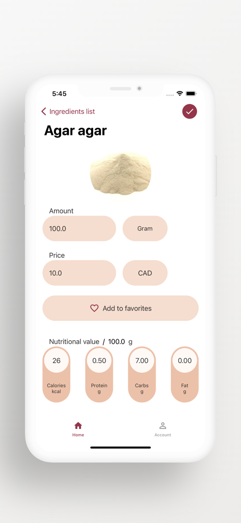 CakePlace - CakePlace app screen displaying ingredient cost and nutritional facts for agar agar powder.