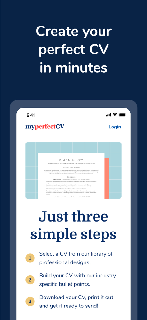 Pantalla de la aplicación móvil que muestra tres pasos para crear un currículum profesional, incluyendo la selección de diseños y el uso de puntos clave de expertos.