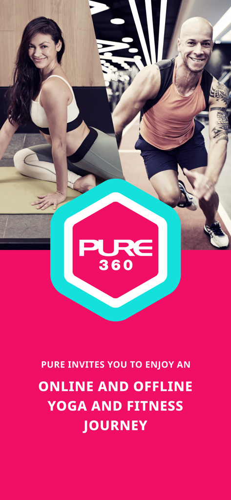 PURE360生活平台-专业瑜伽健身训练 - Pantalla de bienvenida de la aplicación PURE360 Lifestyle con instructores de yoga y fitness y un mensaje promocional para entrenamiento en línea y fuera de línea