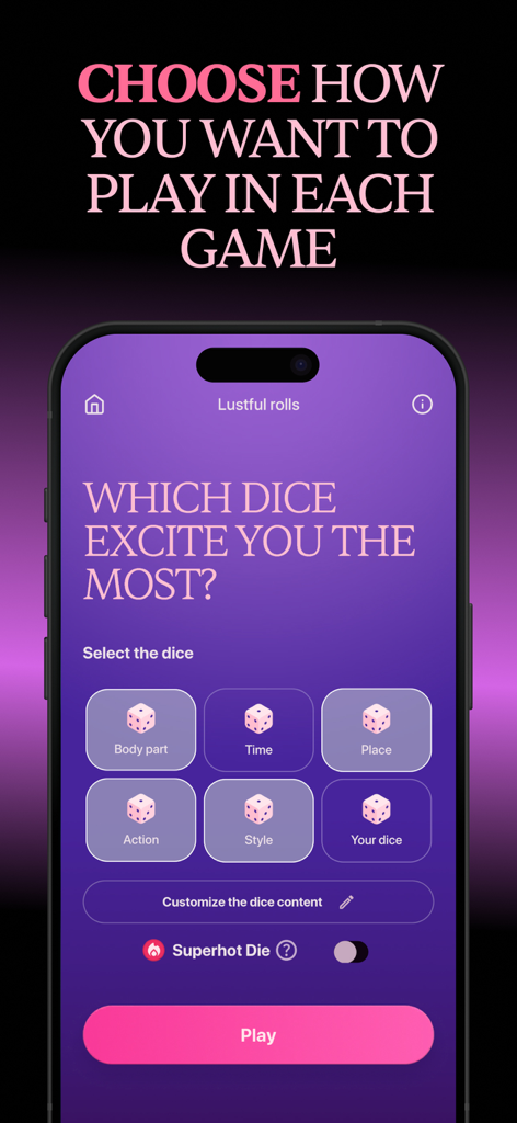 Fuego: Hot Spicy Couple Games - Interface da aplicação Fuego mostrando opções para personalizar jogos de dados sexuais para casais, selecionando partes do corpo, tempo e ações.