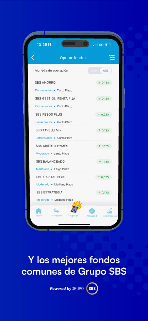 Pantalla de la aplicación móvil Quicktrade que muestra una lista de fondos de inversión de Grupo SBS con niveles de riesgo y rendimiento