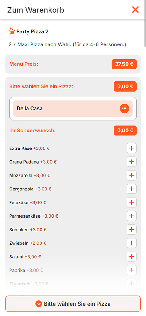 Pizzeria Da Enzo Bielefeld - Mobile app screen showing options to customize a party pizza with various toppings and prices