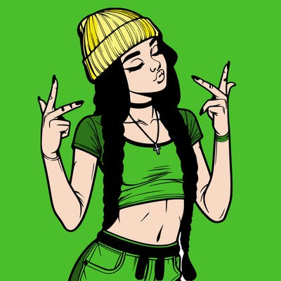 realistic teenage girl with braids and a beanie and crop top doing 🫶🏼